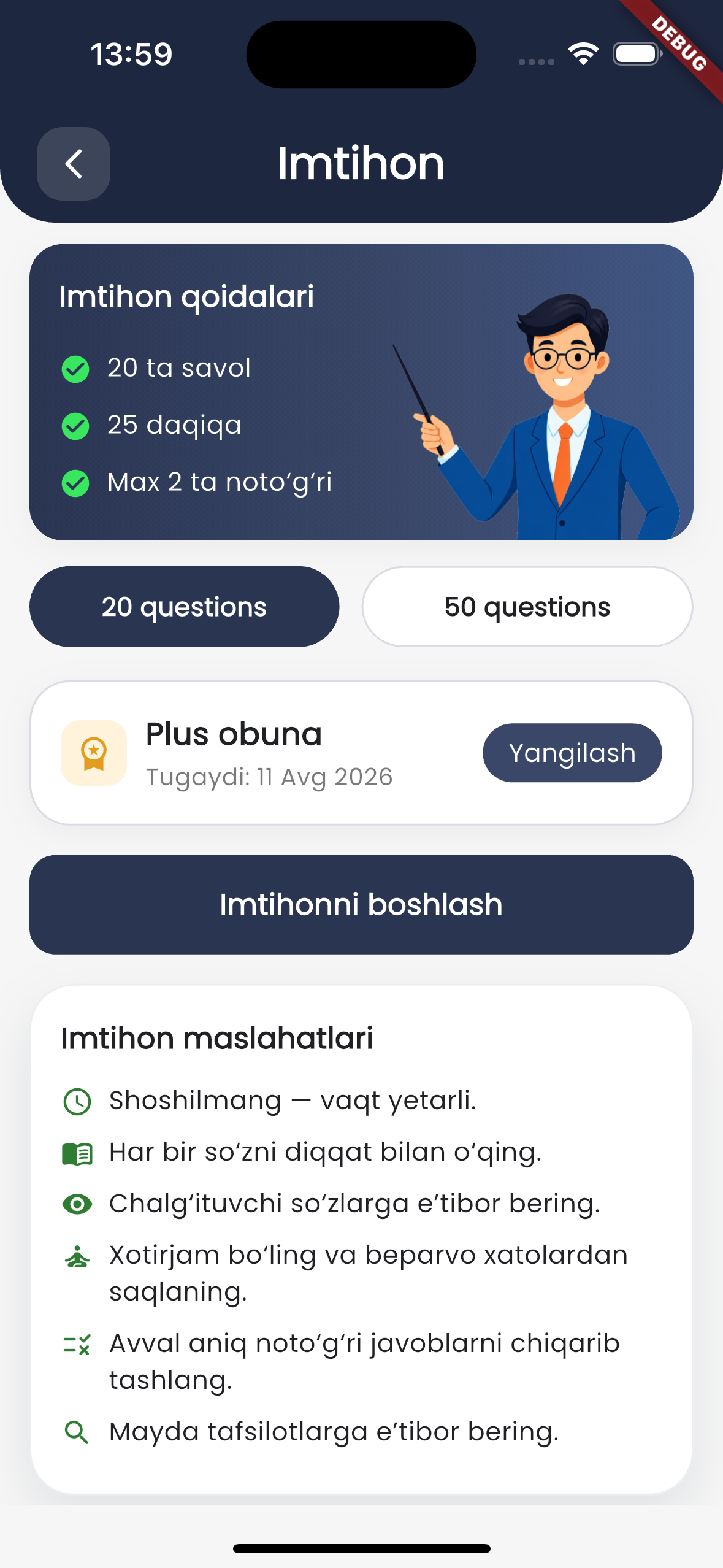 HaydovchiPro imtihon rejimi ekrani