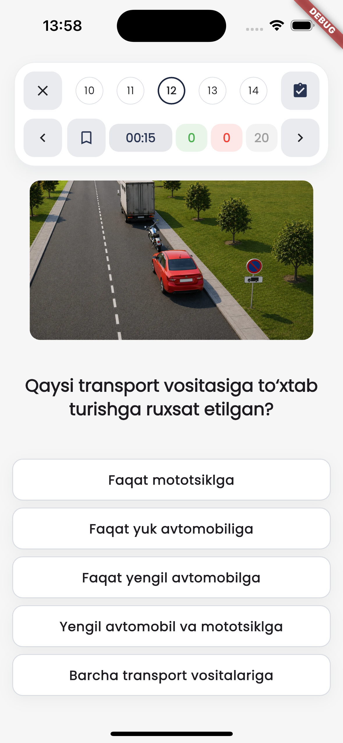 HaydovchiPro mavzuli test ekrani