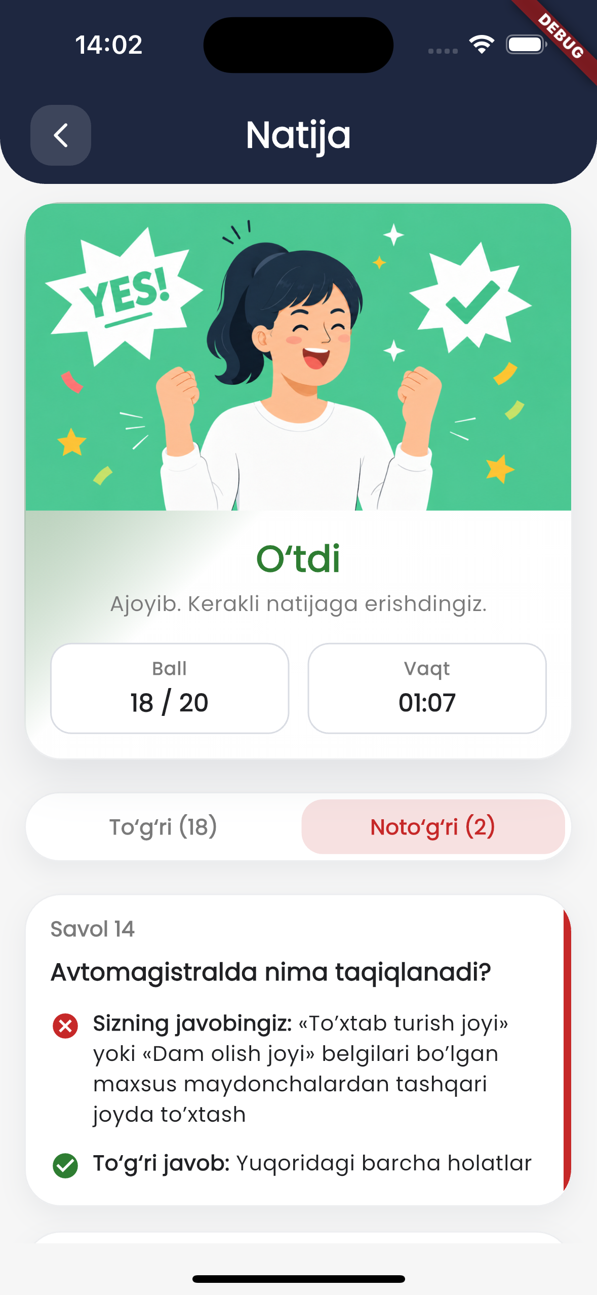 HaydovchiPro test natijalari ekrani